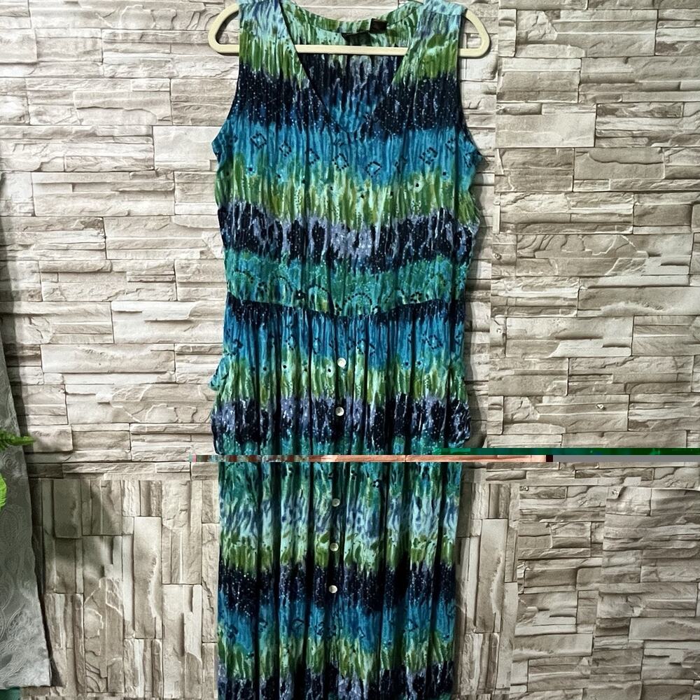 BILA Dress L Boho Sleeveless Maxi Sundress Gauze Tie Dye Button Up Blue Green